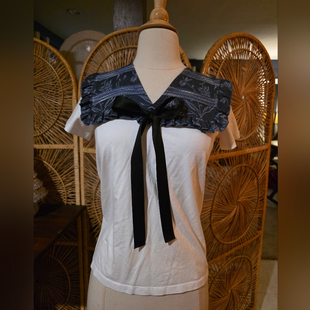 Maje Bib Collar Cotton T Shirt With Bow Size 1